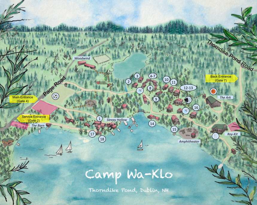 Map of Camp Wa-Klo showing parking areas.